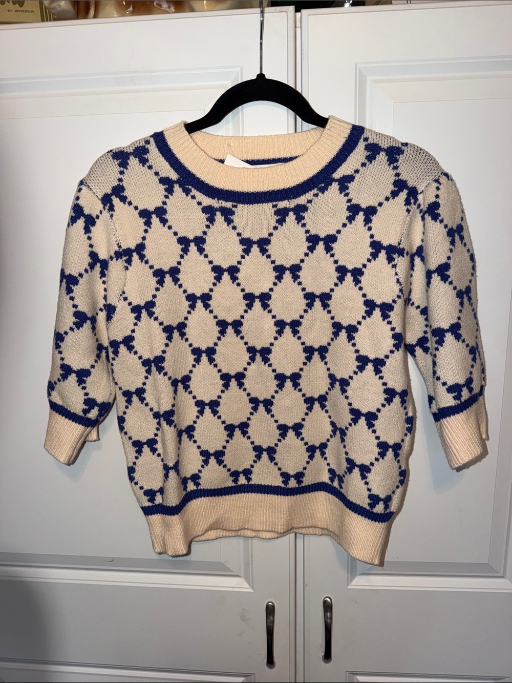 Cream and Blue Geometric Crewneck Sweater